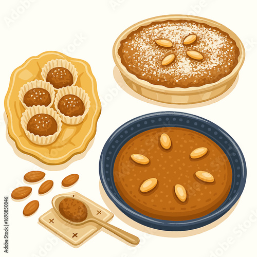 Food illustration with traditional sweets. Sellou, ghriba, chebakia are displayed in dishes. Branding, social media, website background.
