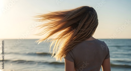 Woman with windblown hair watching the sunset over the ocean.