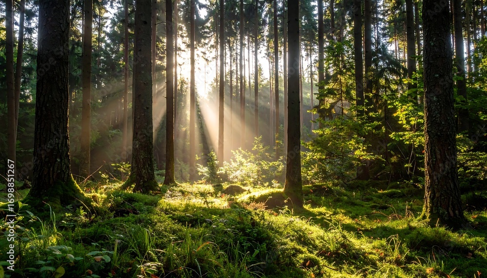 Fototapeta premium Sunlight streams through a misty forest (6)