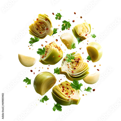 Marinated artichoke hearts rotating in mid-air with olive oil gleam and seasoning particles suspended around them