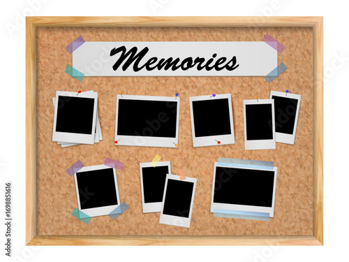 Realistic Polaroid Photo Frame Set on Cork Board – Blank Instant Frames, Mood Board Collage, Vintage Memories Template Vector Illustration