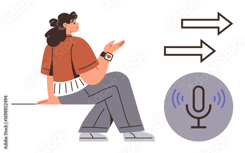 Seated woman with smartwatch making a hand gesture, directional arrows, and microphone icon emphasizing communication exchange. Ideal for discussion, dialogue, podcasting, interaction, expression