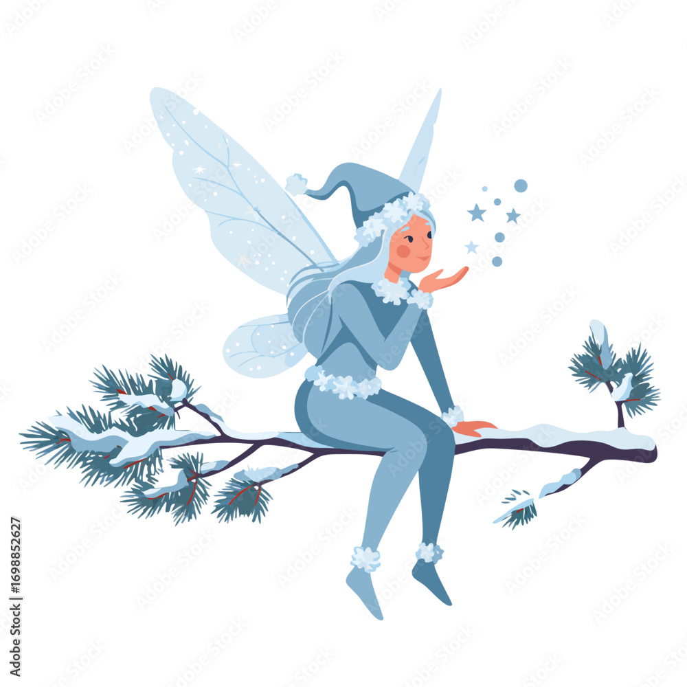 Fototapeta premium Winter fairy blowing magic snowflakes while sitting on a tree branch, transparent background, vector 