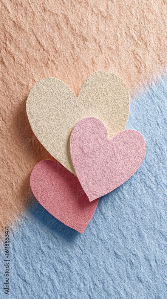 Fototapeta premium Three colorful paper hearts on a textured background