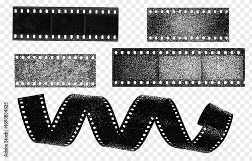 Set of vintage film strip illustrations with stipple halftone texture. Retro black and white analog photo frame elements, perfect for collage, retro design, grunge effects, scrapbooking, poster templa