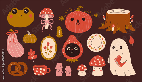 Collection of fairy tale bizarre characters and elements for cozy autumn. Vintage cottagecore thanksgiving and halloween clip art. Funny toad, pumpkins, mushrooms. Vector design