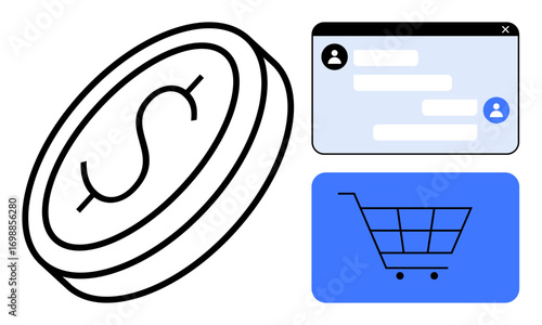 Coin with dollar sign, user chat window, and shopping cart icon for online transactions. Ideal for e-commerce, digital banking, mobile apps, fintech, communication, business strategy simple landing