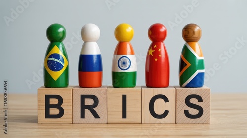 BRICS nations represented by wooden figures symbolizing global economics and cooperation concepts