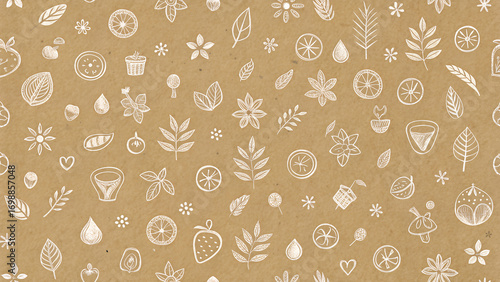 Seamless eco kraft paper with hand-drawn white doodles, cozy handmade texture.