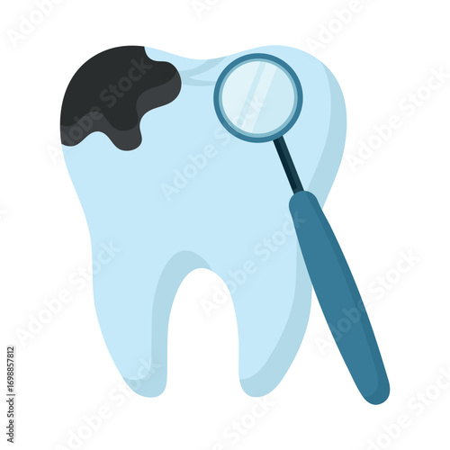 Cartoon tooth with visible cavity and dental mirror inspecting decay. Ideal for dental care, oral hygiene, and cavity prevention concepts. Clean vector style for medical or educational use