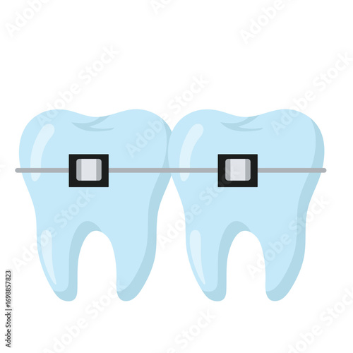 Two cartoon-style blue teeth with braces connected by a wire. Perfect for orthodontics, dental care, and smile correction themes. Clean vector ideal for medical, educational, or promotional use