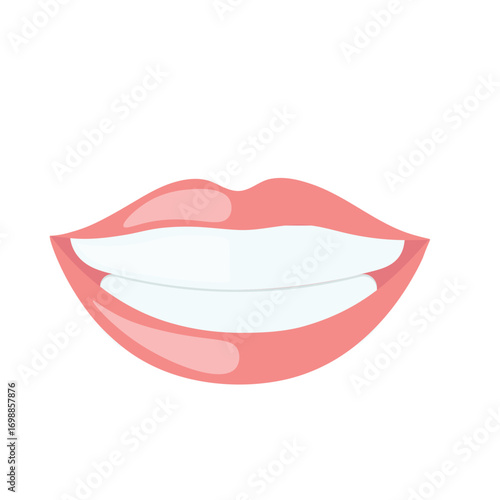 Glossy pink lips and clean white teeth in a stylized mouth illustration. Ideal for dental care, oral hygiene, cosmetics, or beauty themes. Isolated design with vibrant, eye-catching appeal