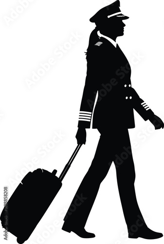 Silhouette of female pilot walking confidently with rolling suitcase, wearing uniform and cap, airport travel, professional aviation, career woman illustration