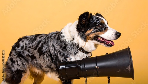 Dog with megaphone on yellow background