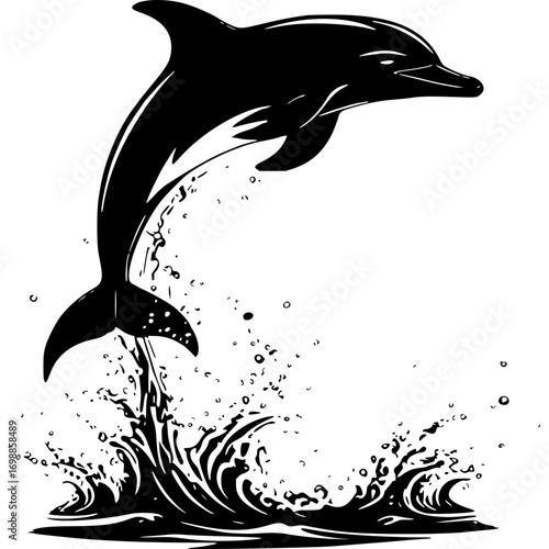 Dolphin jumping out of water black and white vector illustration art silhouette
