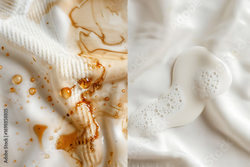 Fabric stain removal showing coffee spot disappearing under detergent in high-detail split image