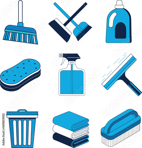 Colorful cleaning supplies collection for household chores and sanitation needs