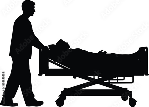 Silhouette of hospital staff standing beside patient on medical stretcher bed during emergency situation, isolated healthcare vector illustration