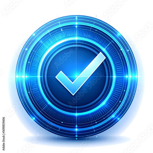 Blue checkmark icon, futuristic interface