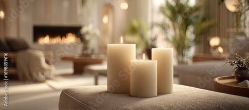 Soft light illuminates three pillar candles on a light-colored sofa in a modern, cozy living room with a fireplace