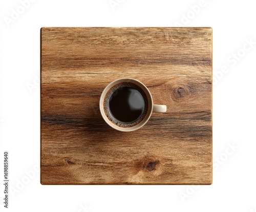 Square wooden surface, overhead view, a cup of coffee
