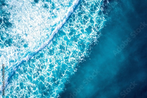 Aerial view of bright turquoise ocean waves with detailed white foam, digital art style, on a deep blue background, concept of sea energy. Ai generative