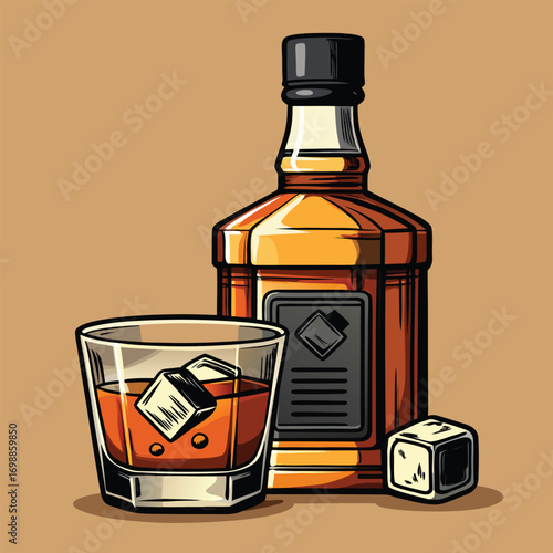 Amber whiskey bottle and glass with ice cubes on a tan background alcohol drink