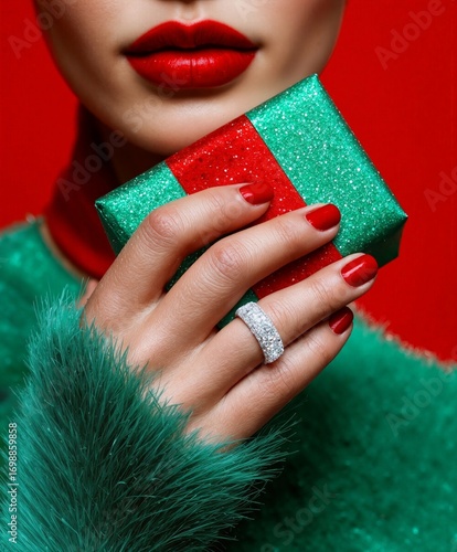 Close-up of elegant woman holding sparkling green gift box with red ribbon, wearing bold red lipstick, diamond ring, and green sweater. Glamorous Christmas holiday style, luxury celebration concept