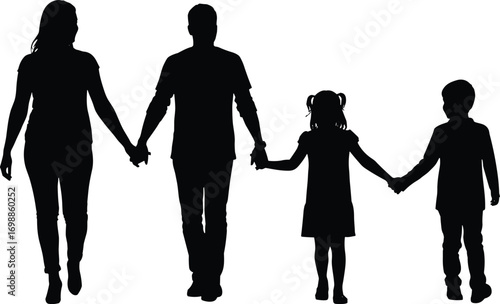 Silhouette of loving family holding hands walking together, parents with son and daughter, symbolizing unity, love, and strong family bonds outdoors.