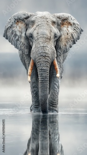 Majestic elephant walking through the calm waters at dawn in a serene natural landscape