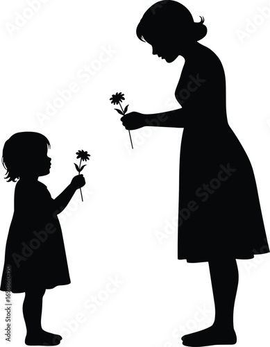 Silhouette of loving mother handing flower to child, showing affection, family bond, childhood innocence, nurturing motherhood, gentleness, love, warm connection illustration.