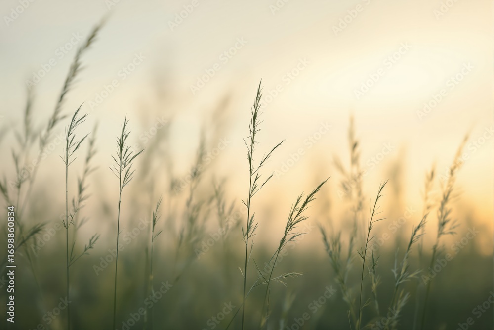 Obraz premium Close-up of tall wild grass blades in soft focus against a blurred golden sunset background, emphasizing natural tranquility and peaceful outdoor atmosphere. Ai generative
