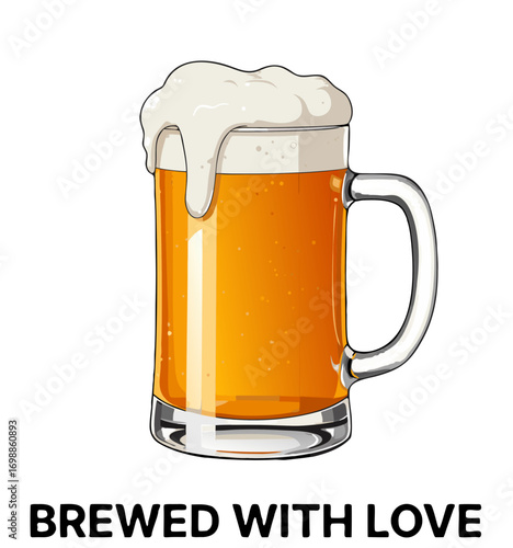 Mug of handcrafted beer with a head of foam on a transparent background, "Brewed with love" sign, Oktoberfest beer festival, Local craft, vector, print
