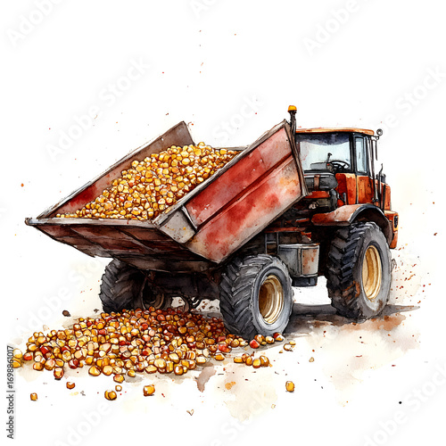Agricultural art style illustration of a dump truck loaded with grain pouring out onto a white background