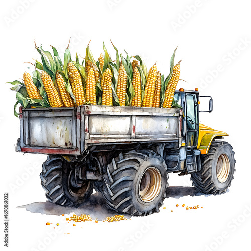 Watercolor illustration of a yellow tractor hauling a full trailer of ripe corn stalks on a white background