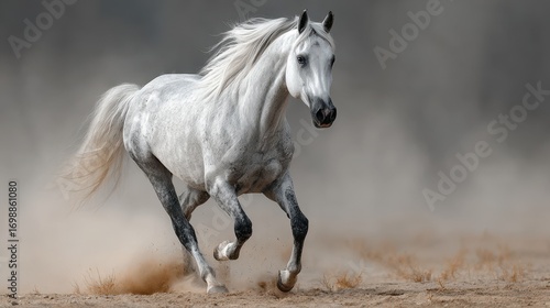 Majestic white horse galloping through dusty landscape at sunset showcasing strength and grace