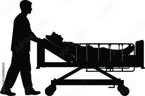 Silhouette of Male Nurse or Paramedic Pushing Hospital Bed with Patient, Medical Care, Healthcare Worker, Emergency Transport, Patient Care Vector