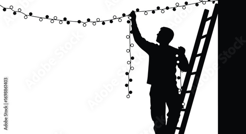 Silhouette of man decorating string lights on wall while standing on ladder for festival celebration or party preparation vector art.