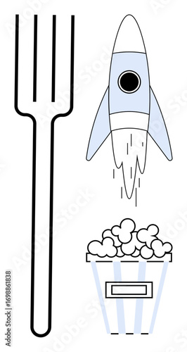 Rocket with trail rising near popcorn bucket and fork. Ideal for innovation, food industry, entertainment, creativity, startup, cinema, minimalism. Simple flat metaphor