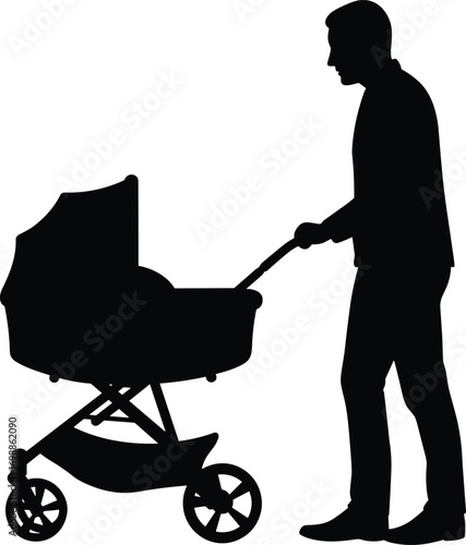 Silhouette of man pushing baby stroller, father walking with child, parenting moment, family care, fatherhood bonding, outdoor family lifestyle, child care.