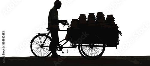 Silhouette of man with bicycle cart carrying clay pots, traditional street vendor, cultural market scene, handmade pottery trade vector.