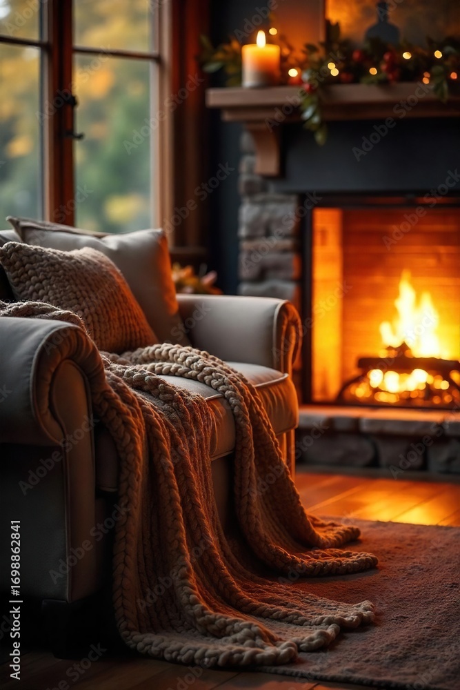 Fototapeta premium Cozy autumn evening scene featuring a plush couch draped with a warm knit throw blanket, perfect for relaxing by a fireplace , cozy, serenity