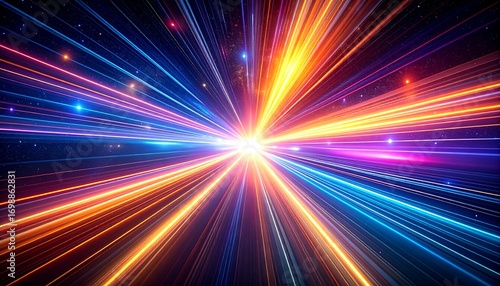 Bright, vibrant radial light bursts through space