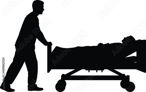 Silhouette of medical worker pushing patient on hospital bed, emergency healthcare transport concept, isolated vector illustration on white background