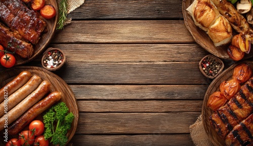 Grilled meats and vegetables on wooden platters