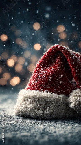 Warm holiday spirit captured in a snowy scene featuring a classic red Santa hat with soft white trim against a festive background