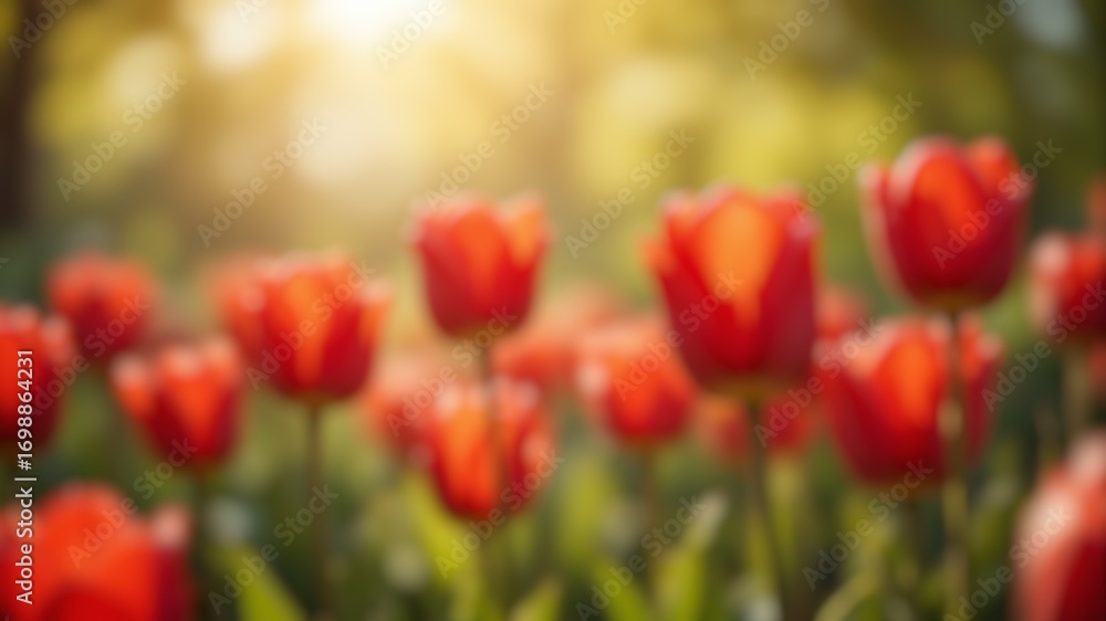 Obraz premium Red tulips foreground with creamy blur background and sunlight bokeh.