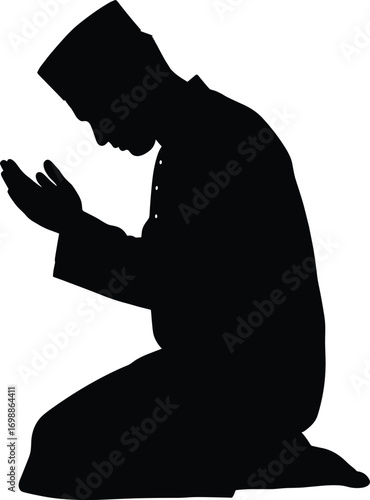Silhouette of Muslim man praying in traditional clothing, performing Islamic prayer, showing devotion, worship, faith, spirituality, and religion