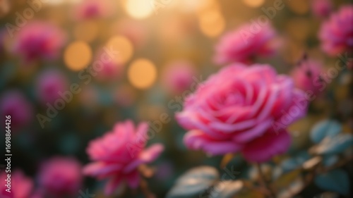 Vibrant pink roses in focus with dreamy golden bokeh background, soft blur effect.