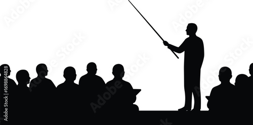 Silhouette of teacher using pointer while explaining to seated audience or classroom during presentation or lecture, vector educational concept.